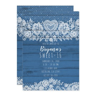 blue rustic wood & white lace sweet 16 birthday invitation