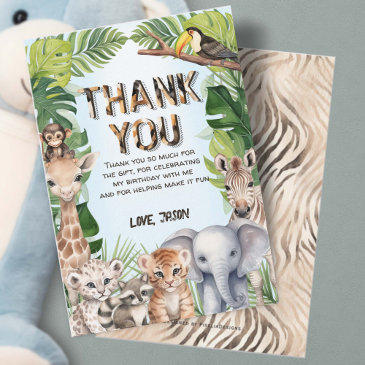 blue safari animals, wild one 1st birthday thank you invitations