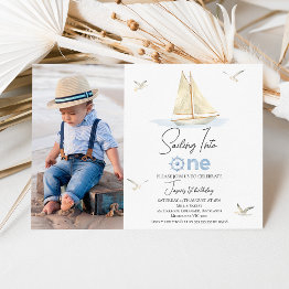 Small Blue Sail Boat Photo Sailing Into One 1st Birthday Invitation Front View