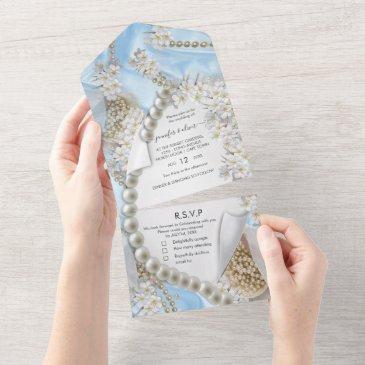 blue silk and pearls all in one wedding invite