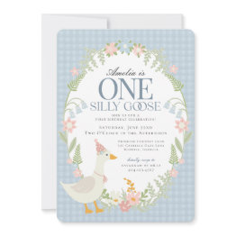Small Blue Silly Goose Floral Gingham First Birthday Invitation Front View