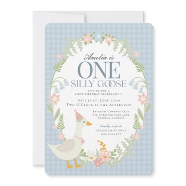 blue silly goose floral gingham first birthday invitation