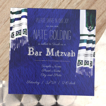 blue, silver prayer tallit bar mitzvah invitation