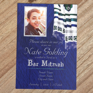 blue, silver, teal tallit bar mitzvah invitation