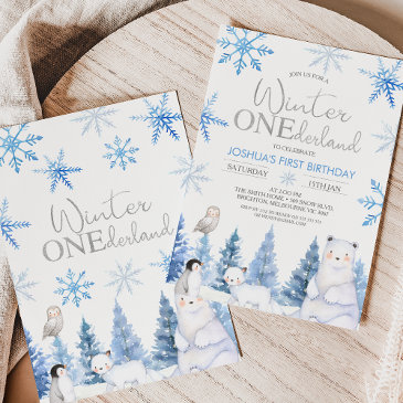 blue silver winter animals onederland birthday invitation