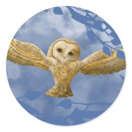 Small Blue Sky, Gold Barn Owl Party Favor Classic Round Sticker Front View