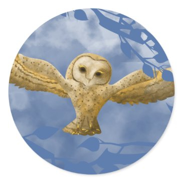 blue sky, gold barn owl party favor classic round sticker