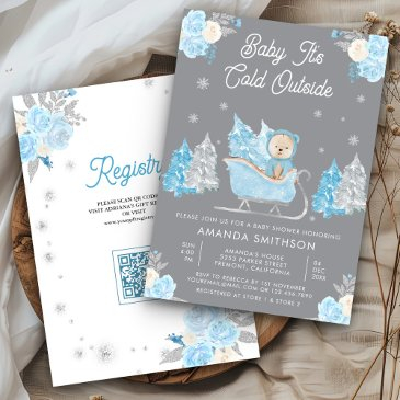 blue sleigh cute teddy bear grey baby shower invitation