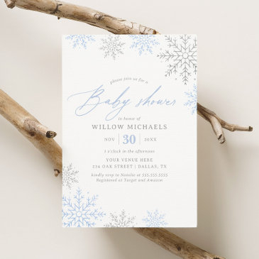 blue snowflake winter boy baby shower invitation