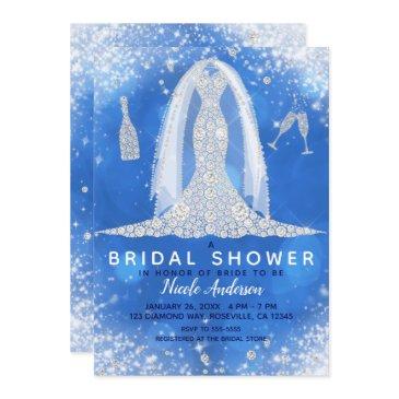 blue sparkle diamond wedding dress bridal shower invitation