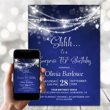blue string lights surprise 75th birthday party invitation