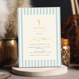 Small Blue Stripes Baptism For Boy Elegant Foil Invitation Front View
