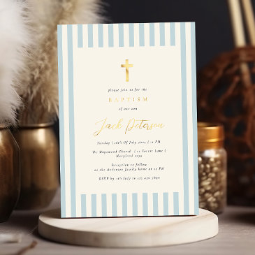 blue stripes baptism for boy elegant foil invitation