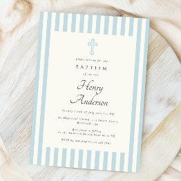Small Blue Stripes Elegant Baptism Orthodox Cross Invitation Front View