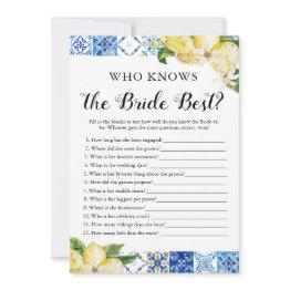 Small Blue Tile Lemons Who Knows The Bride Best Game Invitation Front View