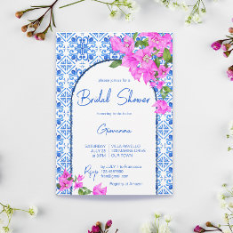 Small Blue Tiles And Bougainvillea Elegant Mediterranean Invitation Front View