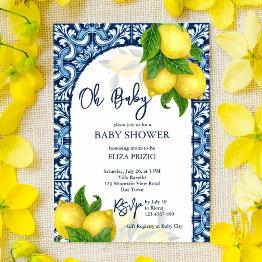 Small Blue Tiles And Lemon Amalfi Positano Baby Shower Invitation Front View