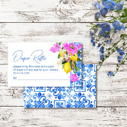 Small Blue Tiles Lemons Bougainvillea Diaper Raffle Enclosure Invitations Front View