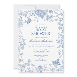 Small Blue Toile De Jouy French Floral Baby Shower Invitation Front View