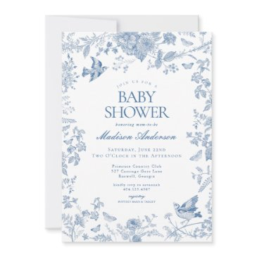blue toile de jouy french floral baby shower invitation