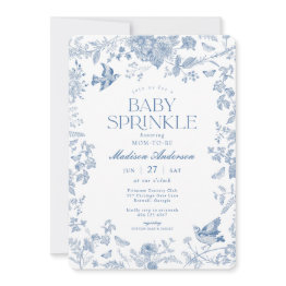 Small Blue Toile De Jouy French Floral Baby Sprinkle Invitation Front View