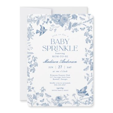 blue toile de jouy french floral baby sprinkle invitation