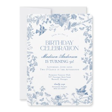 blue toile de jouy french floral birthday party invitation