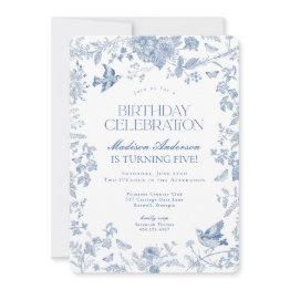 Small Blue Toile De Jouy French Floral Birthday Party Invitation Front View