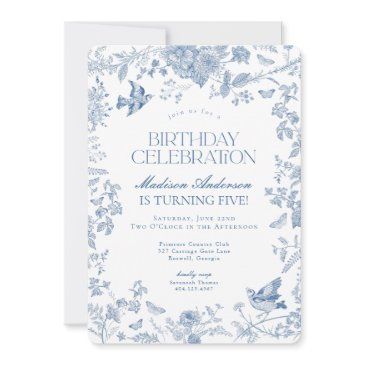 blue toile de jouy french floral birthday party invitation