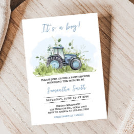 Small Blue Tractor Baby Shower Invitation Front View