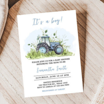 blue tractor baby shower invitation