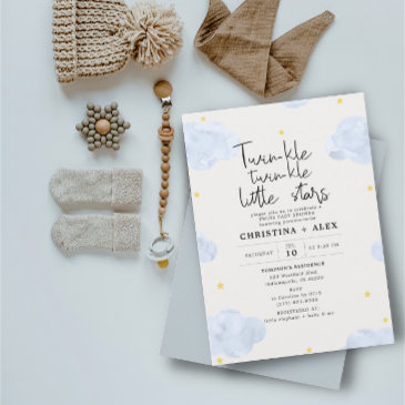 blue watercolor clouds twin boys baby shower invitation