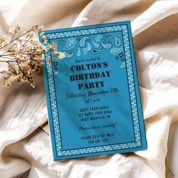 blue western bandana print birthday party invitation
