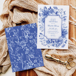 Small Blue White Chinoiserie Flower Garden Baby Shower Invitation Front View