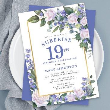 blue white floral 19th birthday surprise party invitation