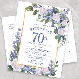 Small Blue White Gold Floral 70th Surprise Birthday Invitation Postinvitations Front View