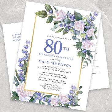 blue white gold floral 80th birthday party invitation postinvitations