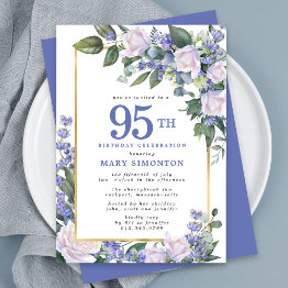Small Blue White Gold Floral 95th Birthday Invitation Front View