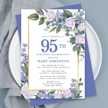 blue white gold floral 95th birthday invitation