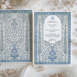 Small Blue White Iznik Tile Inspired Muslim Wedding Invitation Front View