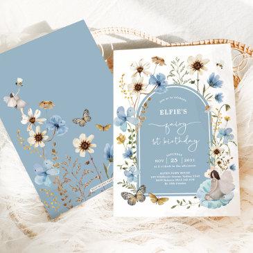 blue wildflower fairy first 1st birthday party invitation
