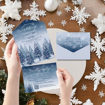 blue winter wonderland pine christmas wedding all in one invitation