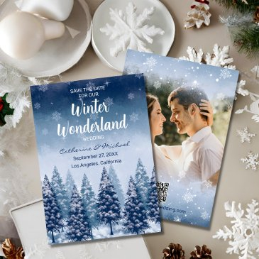 blue winter wonderland pine tree forest christmas save the date