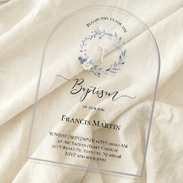 Small Blue Wreath Baptism Acrylic Invitations Front View