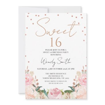 blush boho floral rose gold sweet 16 birthday invitation
