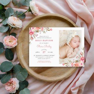 blush bouquet floral baby girl photo baptism invitation