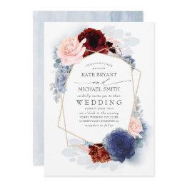 Small Blush Burgundy Navy Blue Floral Wedding Invitation Front View