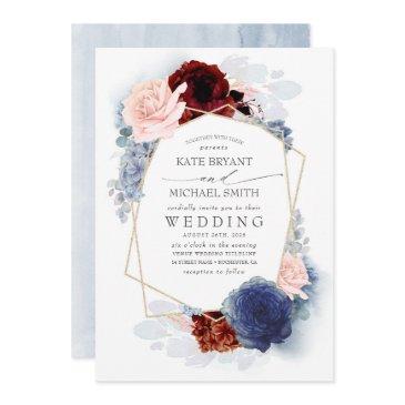 blush burgundy navy blue floral wedding invitation
