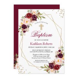 Small Blush Burgundy Red Floral Baptism Christening Invitation Front View