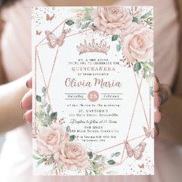 Small Blush Floral Butterflies Rose Gold Quinceañera Invitation Front View
